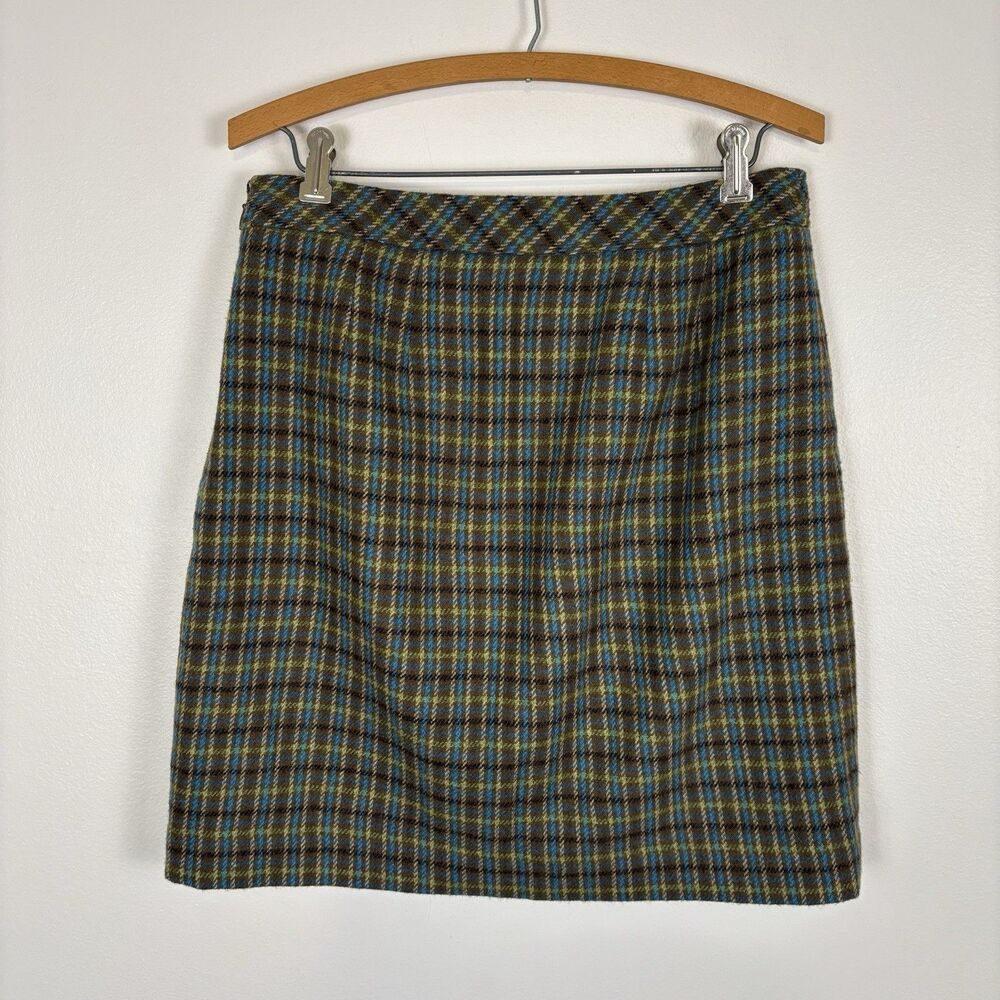 Talbots Womens 4 Fringe Trim Wool Blend Faux Wrap Skirt Green Plaid - Picture 5 of 8